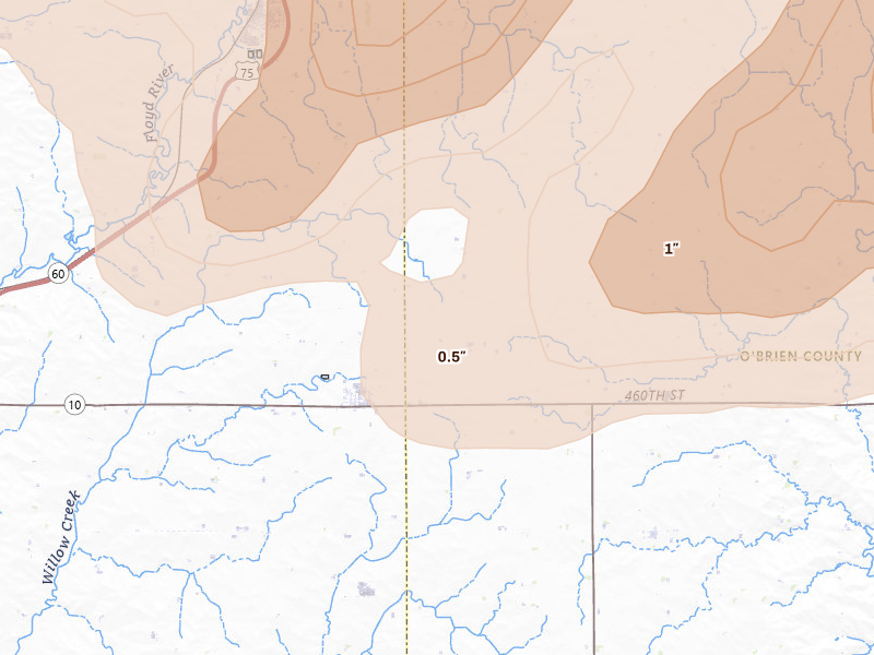 Radar-estimated hail-size map of the storm over Granville, IA on Jun 27, 2026