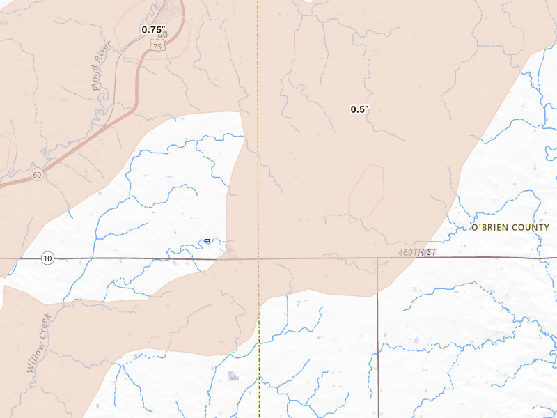 Radar-estimated hail-size map of the storm over Granville, IA on Jun 29, 2026