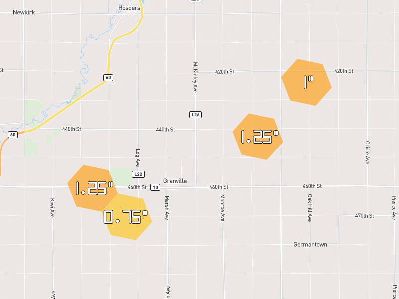 Hail map of Granville, IA on Jun 30, 2026, hail up to 1.25"