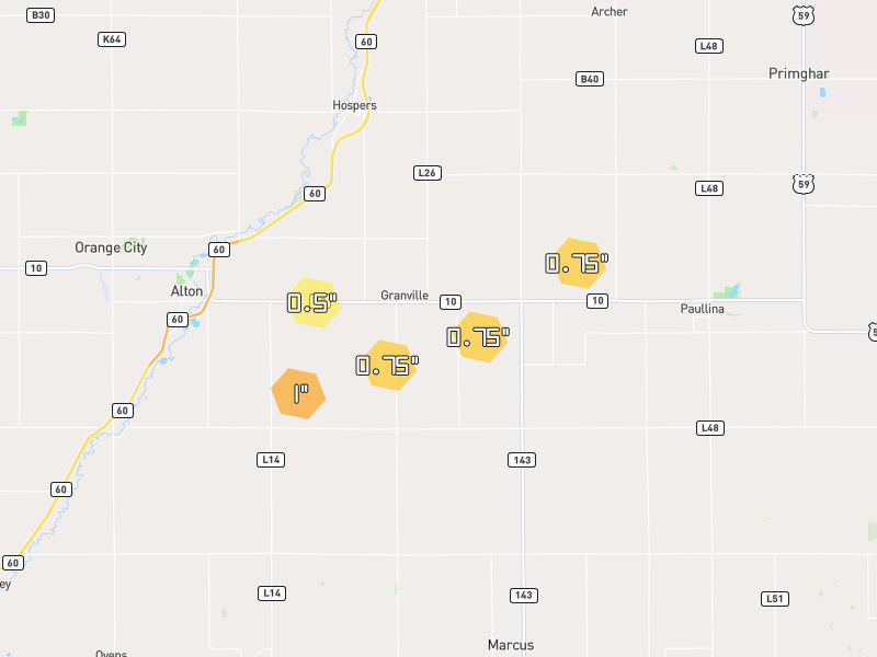 Hail map of Granville, IA on Jul 1, 2026, hail up to 1.5"