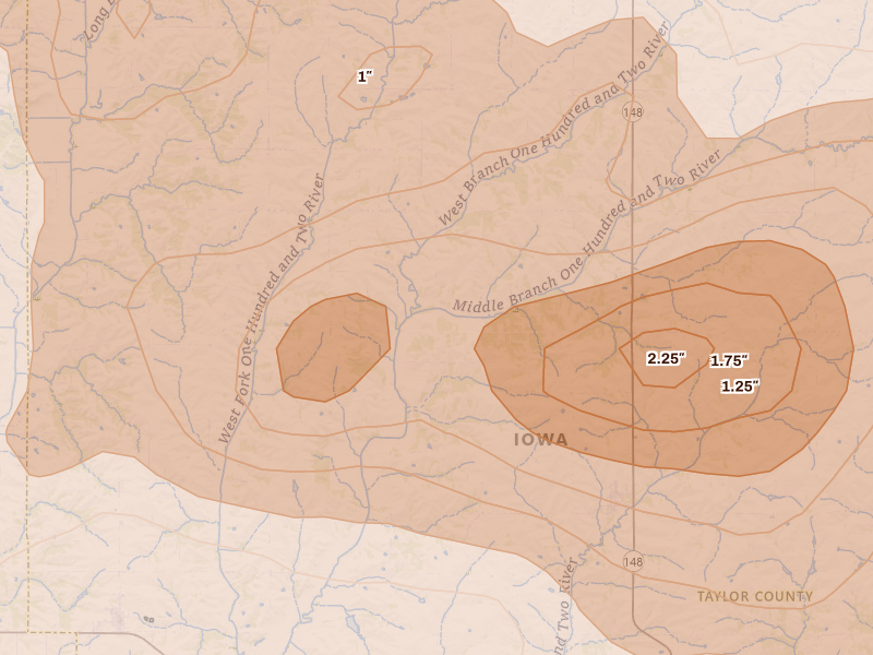 Radar-estimated hail-size map of the storm over Gravity, IA on May 16, 2026