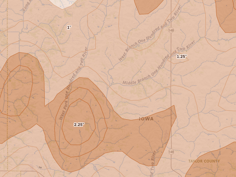 Radar-estimated hail-size map of the storm over Gravity, IA on Jun 10, 2026