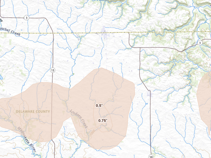 Radar-estimated hail-size map of the storm over Greeley, IA on May 16, 2026