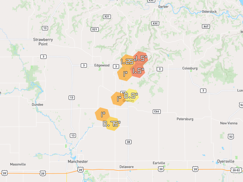 Hail map of Greeley, IA on Jul 2, 2026, hail up to 1.5"