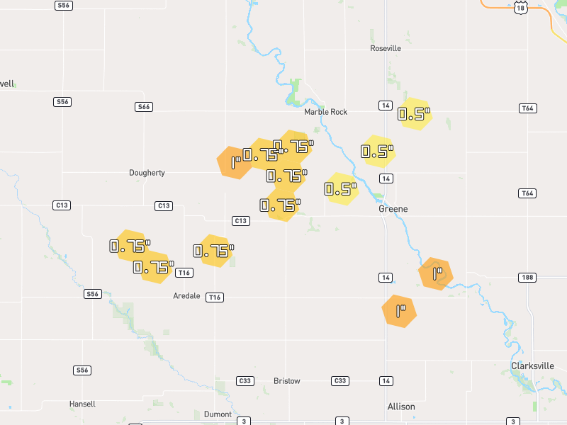 Hail map of Greene, IA on Jul 2, 2026, hail up to 1"