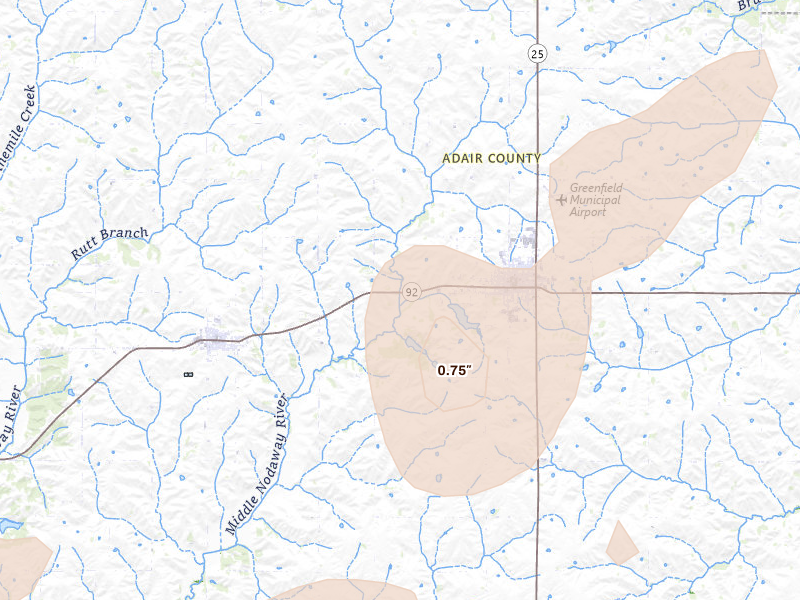 Radar-estimated hail-size map of the storm over Greenfield, IA on May 18, 2026