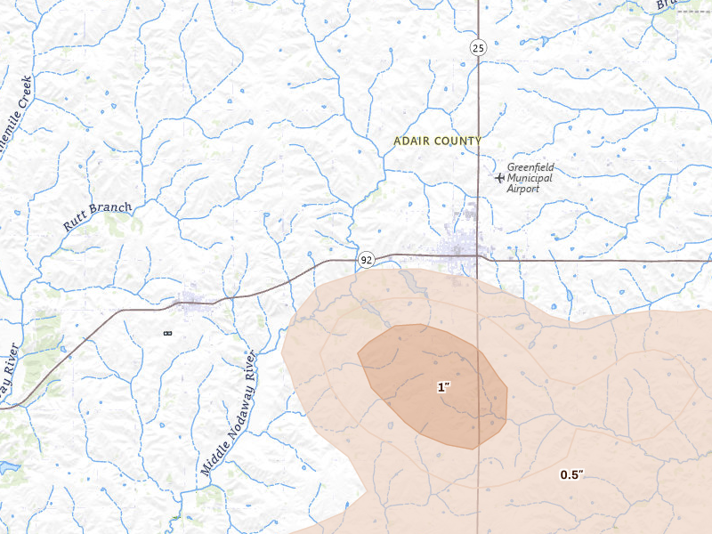 Radar-estimated hail-size map of the storm over Greenfield, IA on Jun 5, 2026