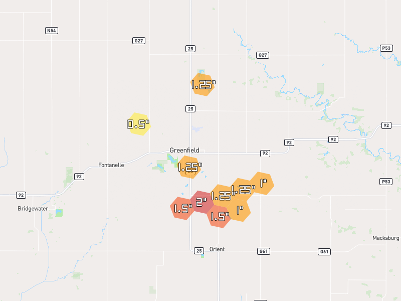 Hail map of Greenfield, IA on Jun 6, 2026, hail up to 2"
