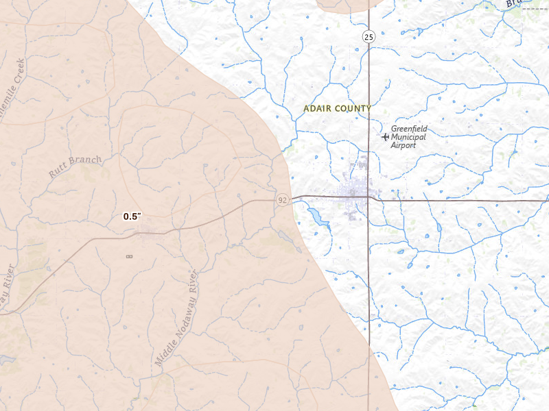 Radar-estimated hail-size map of the storm over Greenfield, IA on Jul 20, 2026