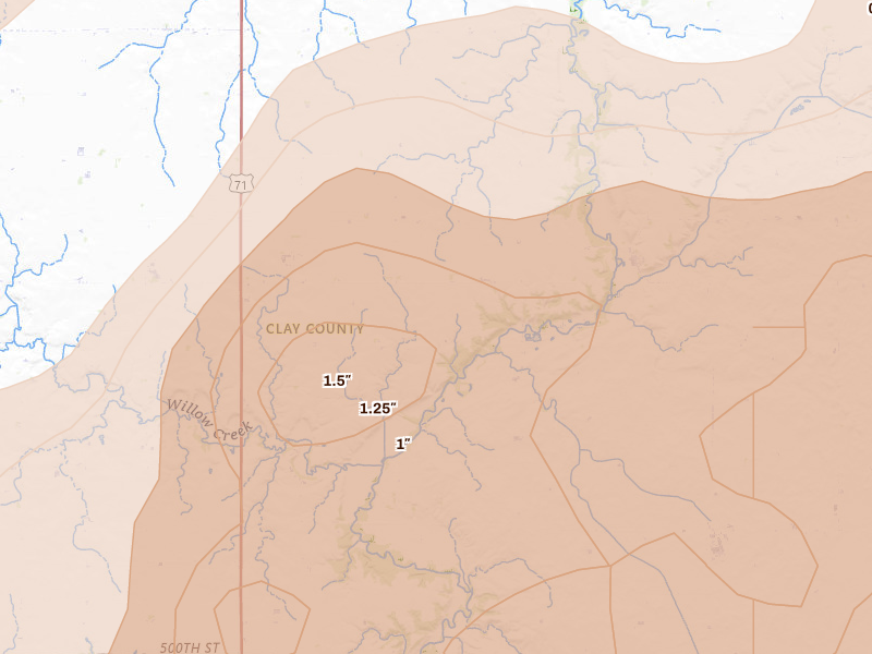 Radar-estimated hail-size map of the storm over Greenville, IA on Apr 13, 2026