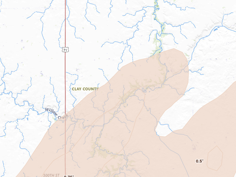 Radar-estimated hail-size map of the storm over Greenville, IA on Apr 23, 2026