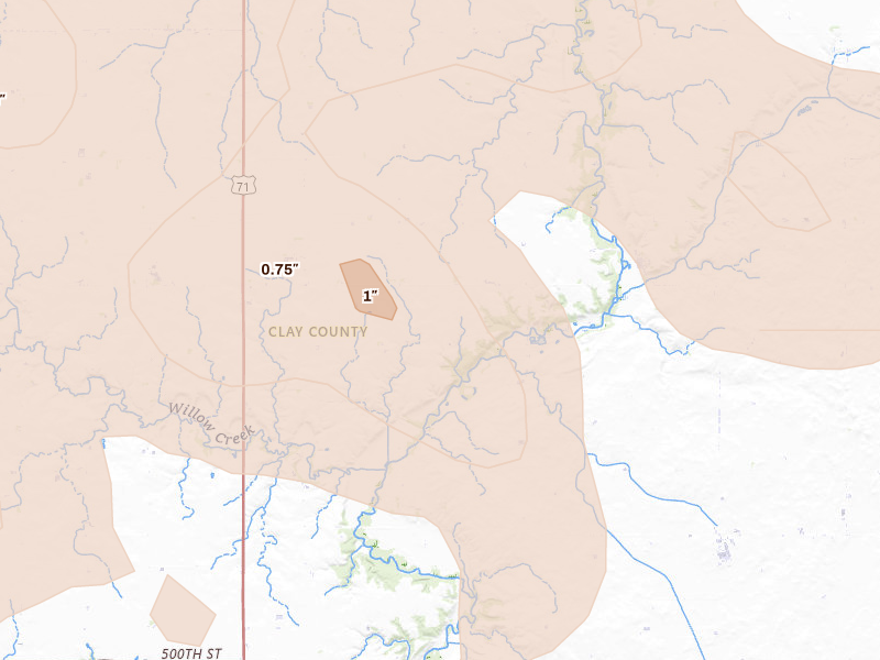 Radar-estimated hail-size map of the storm over Greenville, IA on May 17, 2026