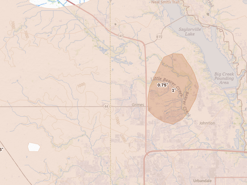 Radar-estimated hail-size map of the storm over Grimes, IA on Mar 30, 2026