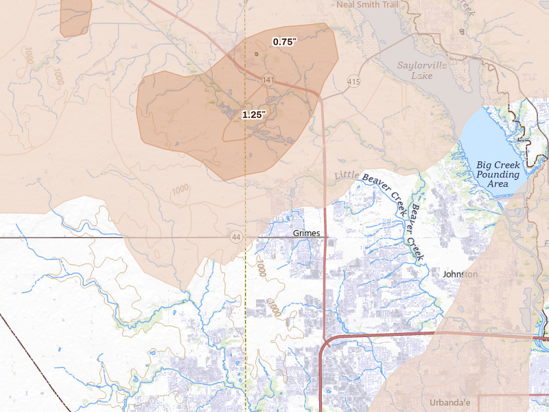 Radar-estimated hail-size map of the storm over Grimes, IA on Jul 2, 2026
