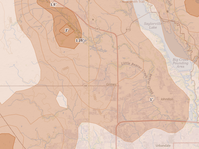 Radar-estimated hail-size map of the storm over Grimes, IA on Jul 20, 2026