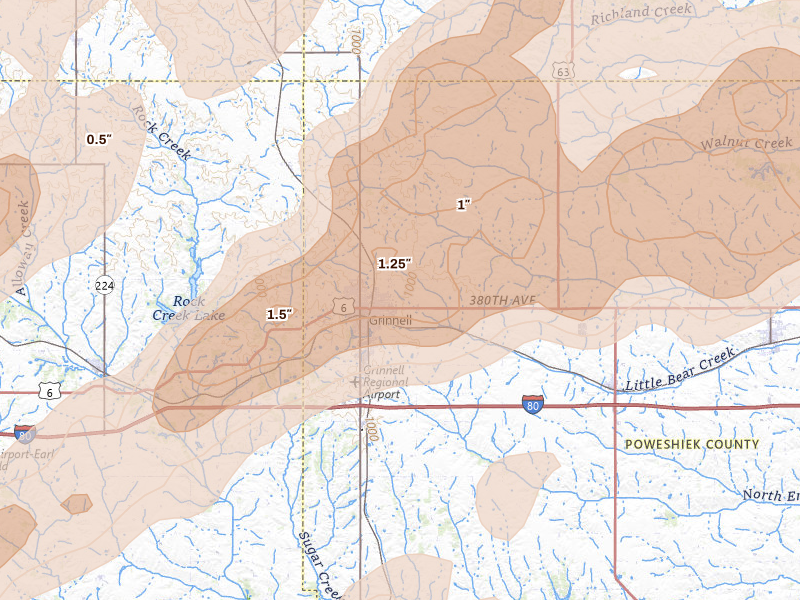 Radar-estimated hail-size map of the storm over Grinnell, IA on Apr 17, 2026