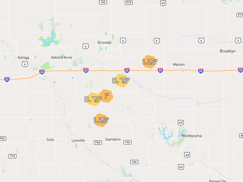 Hail map of Grinnell, IA on Jul 4, 2026, hail up to 1.25"