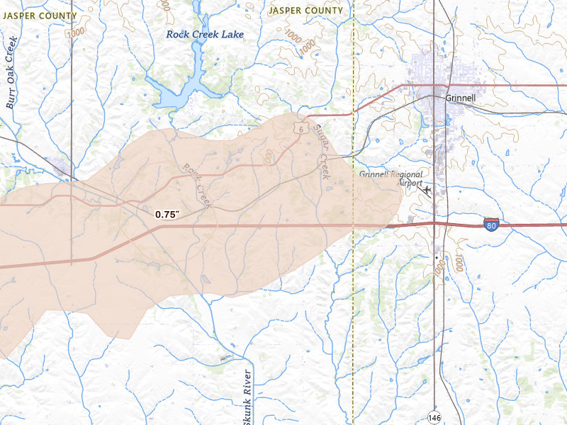 Radar-estimated hail-size map of the storm over Grinnell, IA on Aug 10, 2026