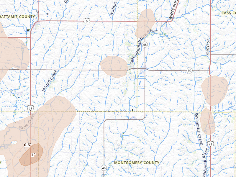 Radar-estimated hail-size map of the storm over Griswold, IA on Apr 23, 2026