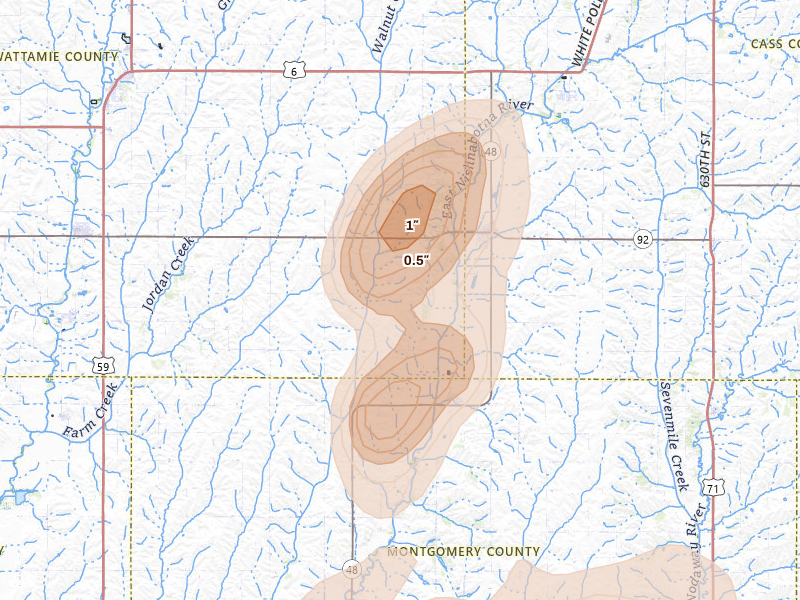 Radar-estimated hail-size map of the storm over Griswold, IA on May 16, 2026