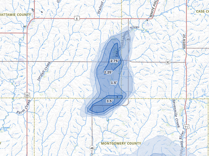 NEXRAD radar-signature map of the hail storm over Griswold, IA on May 16, 2026