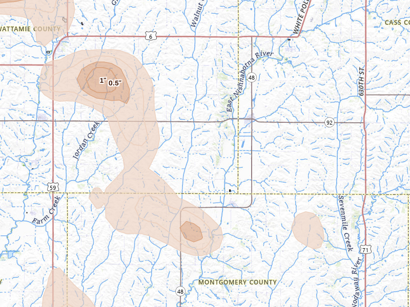 Radar-estimated hail-size map of the storm over Griswold, IA on May 31, 2026