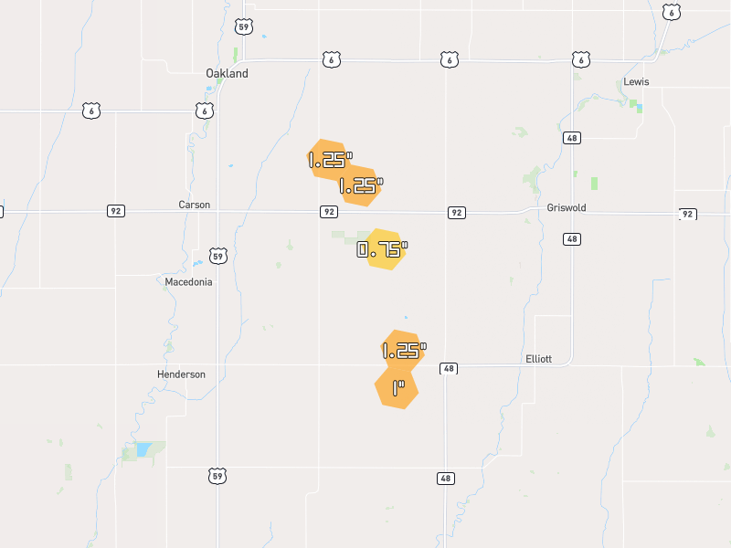 Hail map of Griswold, IA on Jun 1, 2026, hail up to 1.25"