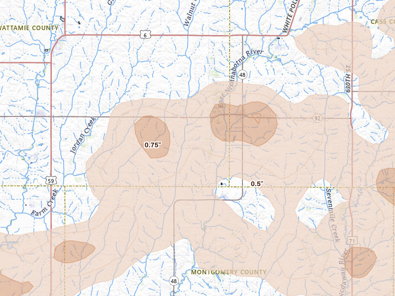 Radar-estimated hail-size map of the storm over Griswold, IA on Jun 5, 2026