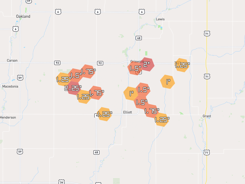 Hail map of Griswold, IA on Jun 6, 2026, hail up to 2.25"