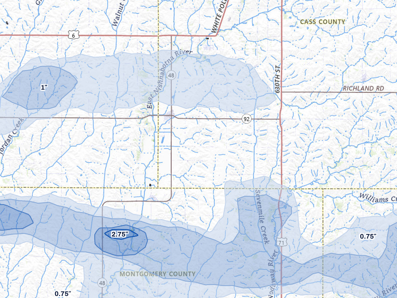 NEXRAD radar-signature map of the hail storm over Griswold, IA on Aug 4, 2026