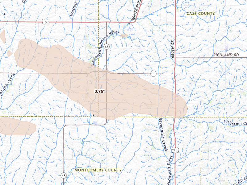 Radar-estimated hail-size map of the storm over Griswold, IA on Aug 8, 2026