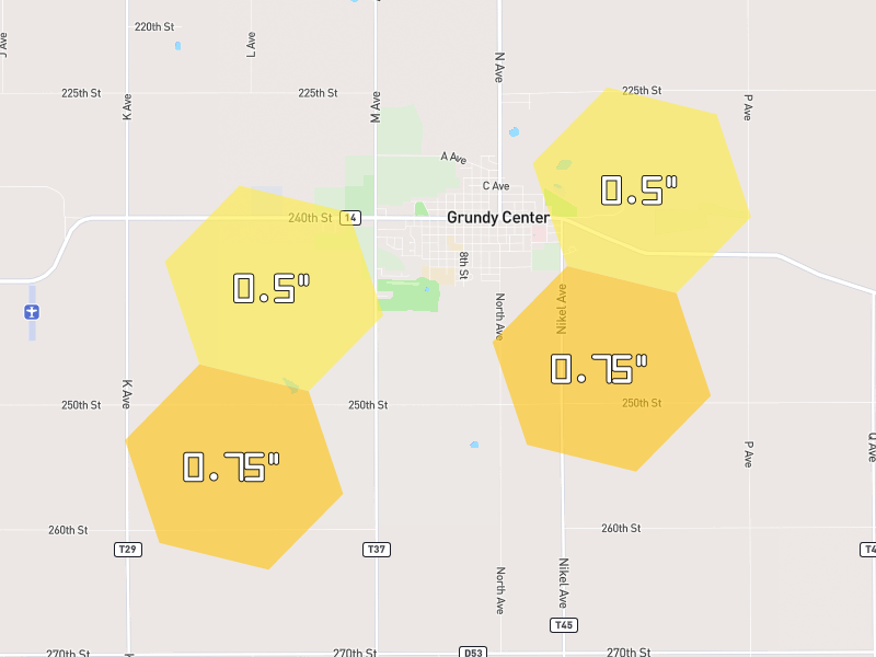Hail map of Grundy Center, IA on Jul 2, 2026, hail up to 0.75"