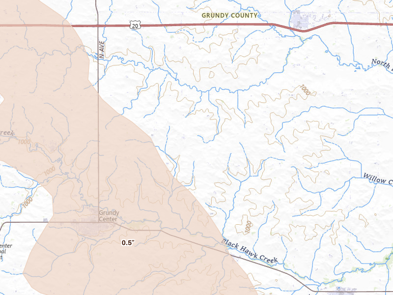 Radar-estimated hail-size map of the storm over Grundy Center, IA on Jul 20, 2026