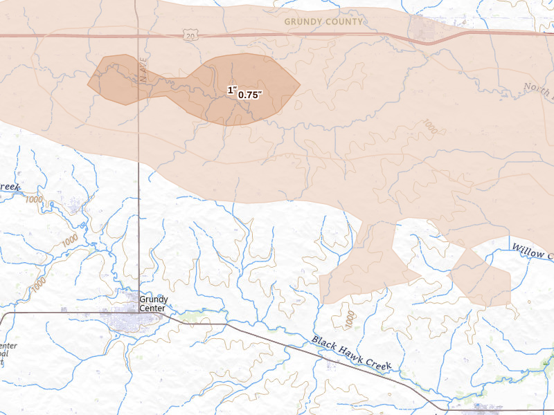 Radar-estimated hail-size map of the storm over Grundy Center, IA on Aug 7, 2026