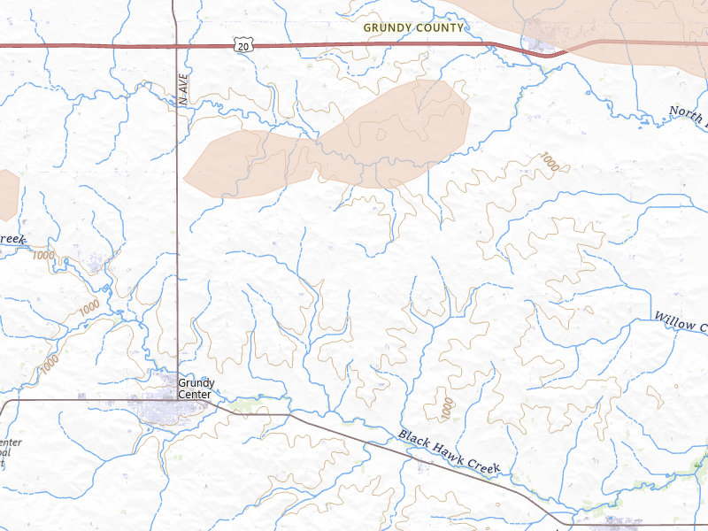 Radar-estimated hail-size map of the storm over Grundy Center, IA on Aug 10, 2026