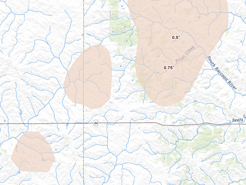 Radar-estimated hail-size map of the storm over Guthrie Center, IA on Apr 23, 2026