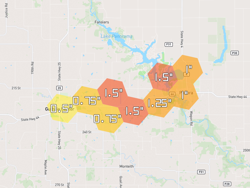 Hail map of Guthrie Center, IA on Jul 4, 2026, hail up to 1.5"