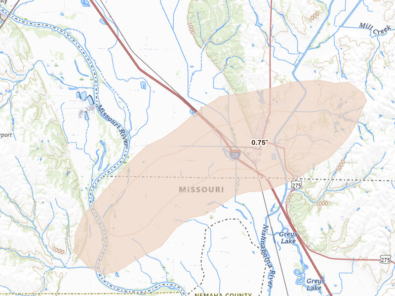 Radar-estimated hail-size map of the storm over Hamburg, IA on May 16, 2026