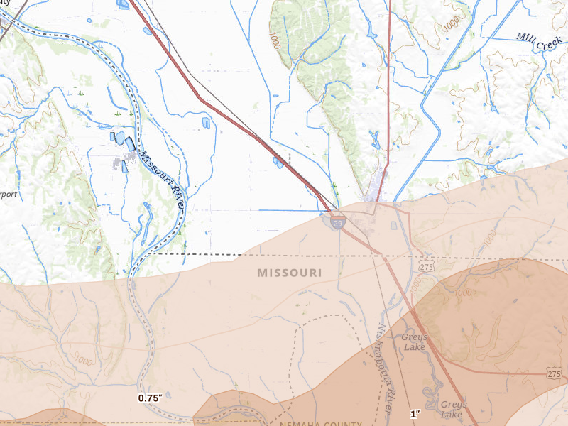 Radar-estimated hail-size map of the storm over Hamburg, IA on May 18, 2026