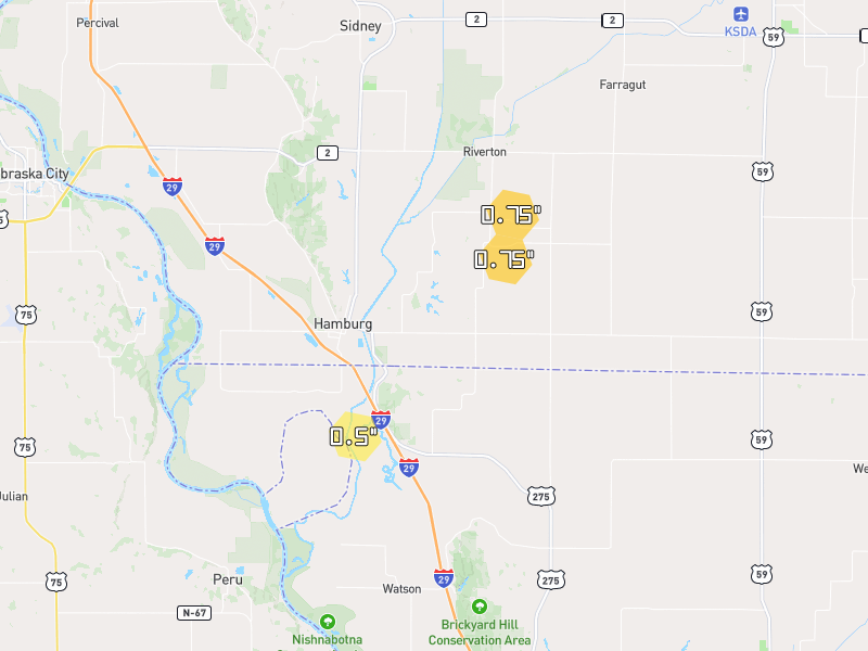 Hail map of Hamburg, IA on Jul 1, 2026, hail up to 0.75"