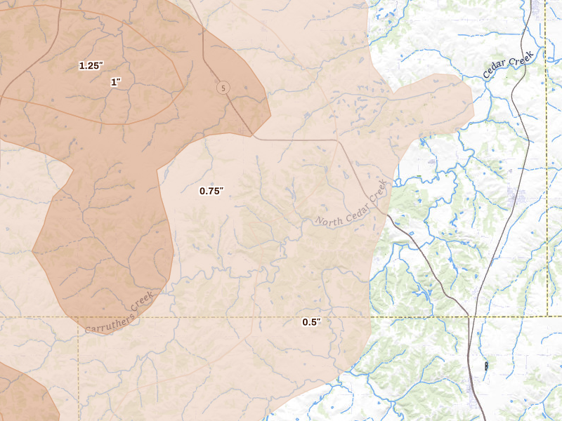 Radar-estimated hail-size map of the storm over Hamilton, IA on Jun 5, 2026