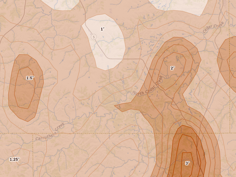 Radar-estimated hail-size map of the storm over Hamilton, IA on Jun 11, 2026