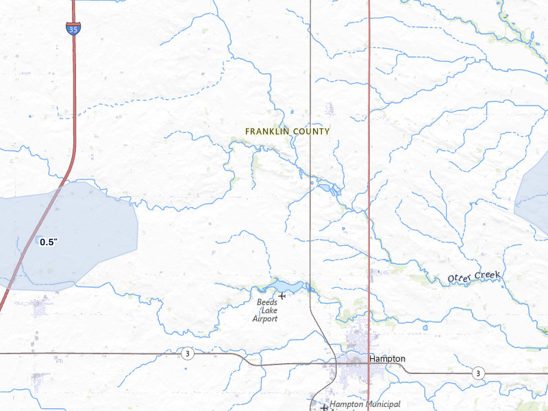 NEXRAD radar-signature map of the hail storm over Hampton, IA on May 15, 2026