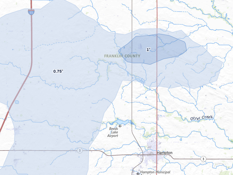 NEXRAD radar-signature map of the hail storm over Hampton, IA on Jun 28, 2026