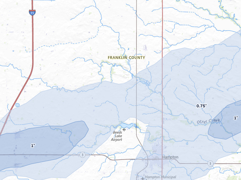 NEXRAD radar-signature map of the hail storm over Hampton, IA on Jul 1, 2026
