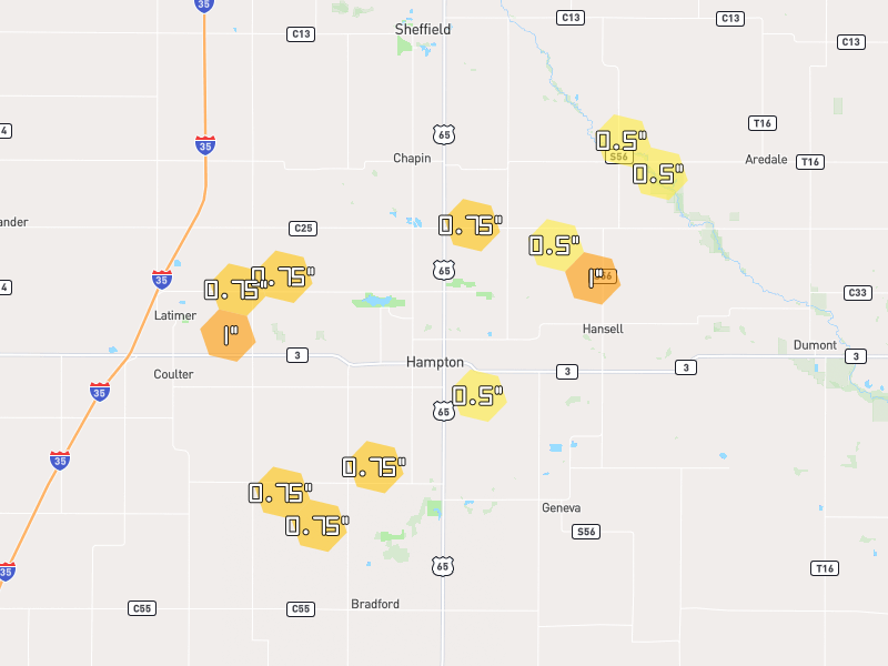 Hail map of Hampton, IA on Jul 2, 2026, hail up to 1"