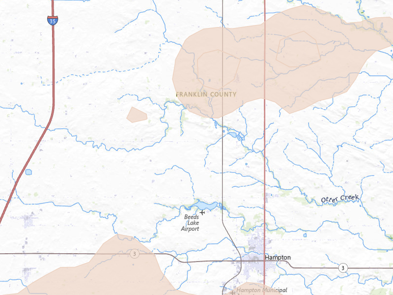 Radar-estimated hail-size map of the storm over Hampton, IA on Jul 8, 2026