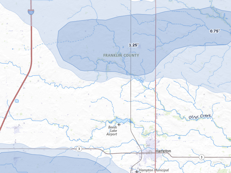 NEXRAD radar-signature map of the hail storm over Hampton, IA on Jul 8, 2026