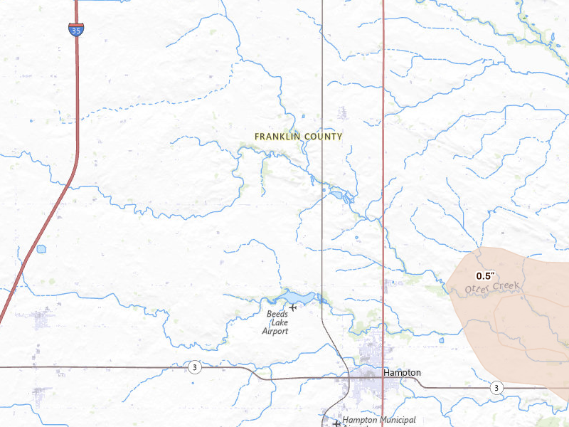 Radar-estimated hail-size map of the storm over Hampton, IA on Jul 26, 2026
