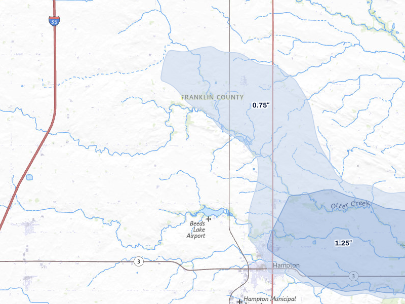 NEXRAD radar-signature map of the hail storm over Hampton, IA on Jul 26, 2026